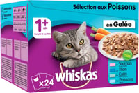 Lote de patês WHISKAS 1+ Sélection de Poisson - Alimento húmido em gelatina para gato adulto disponível em 4 sabores