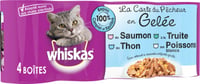Pack de 4 Comida húmeda en gelatina WHISKAS Menú del Pescador para gatos