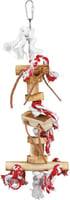 Brinquedo em madeira sobre corda com tiras de couro