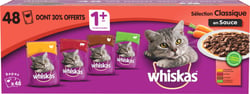 MEGA Packung mit 48 Pasteten, davon 30% GRATIS WHISKAS - Ausgewählte Fleischsorten in Sauce und Fisch in Gelee für Katzen