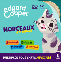 Edgard & Cooper Multipack Morceaux en Sauce 8 x 85g Poulet Saumon Dinde et Agneau frais Sans Céréales pour Chat