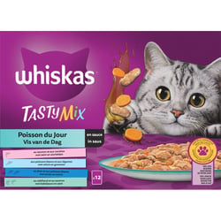 WHISKAS Tasty Mix Frische Beutel Fisch des Tages in Soße für ausgewachsene Katzen 4 Sorten