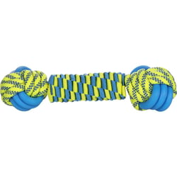 Jouet pour chien Tofla os noué bleu/jaune en caoutchouc et nylon résistant