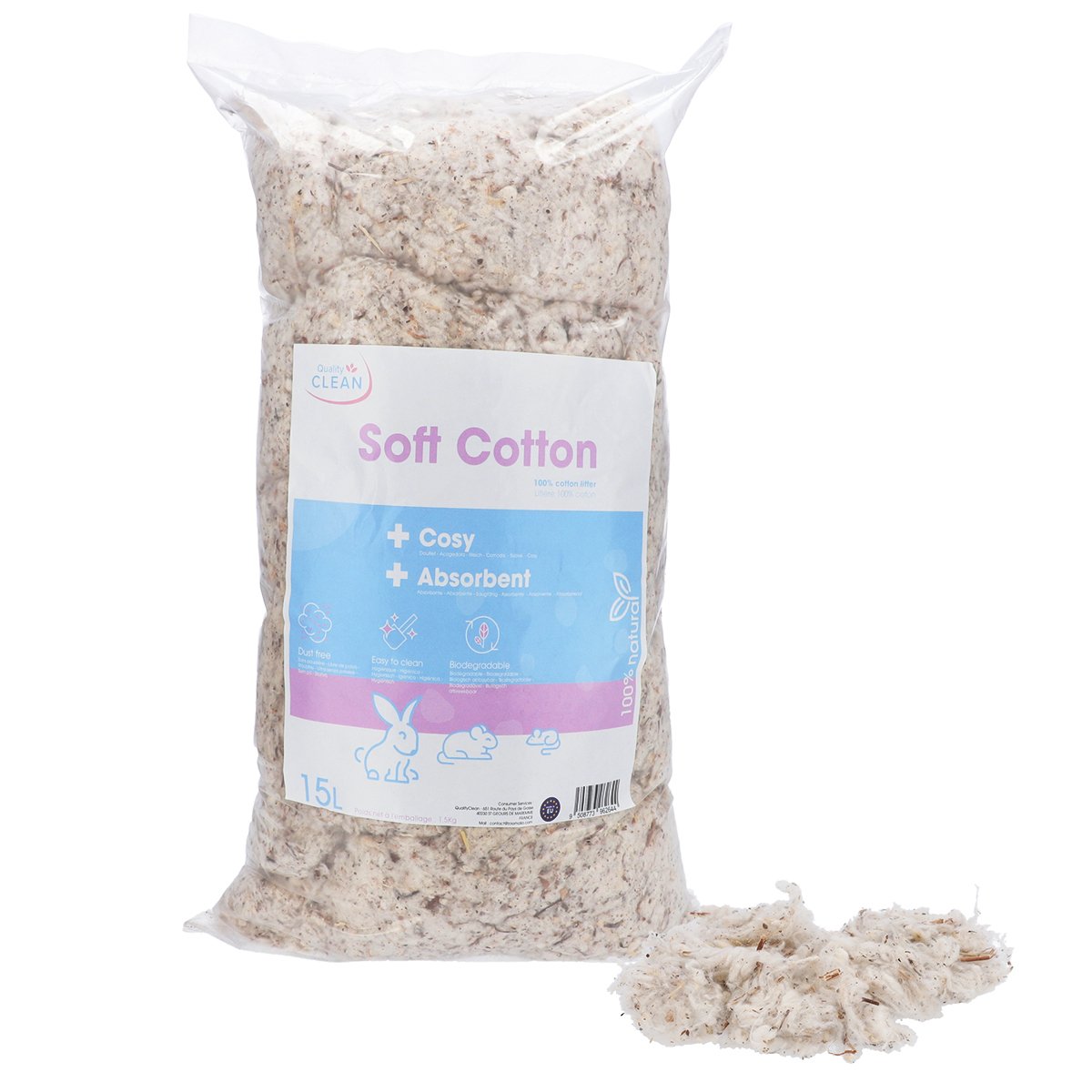Litière Soft Cotton pour rongeurs 100% coton naturel Quality Clean - 15 et 30 L