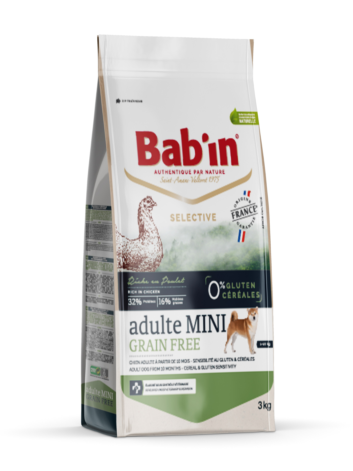 BAB'IN Selective 0% Gluten/Céréales - Alimento seco de frango sem cereais para cão de porte pequeno
