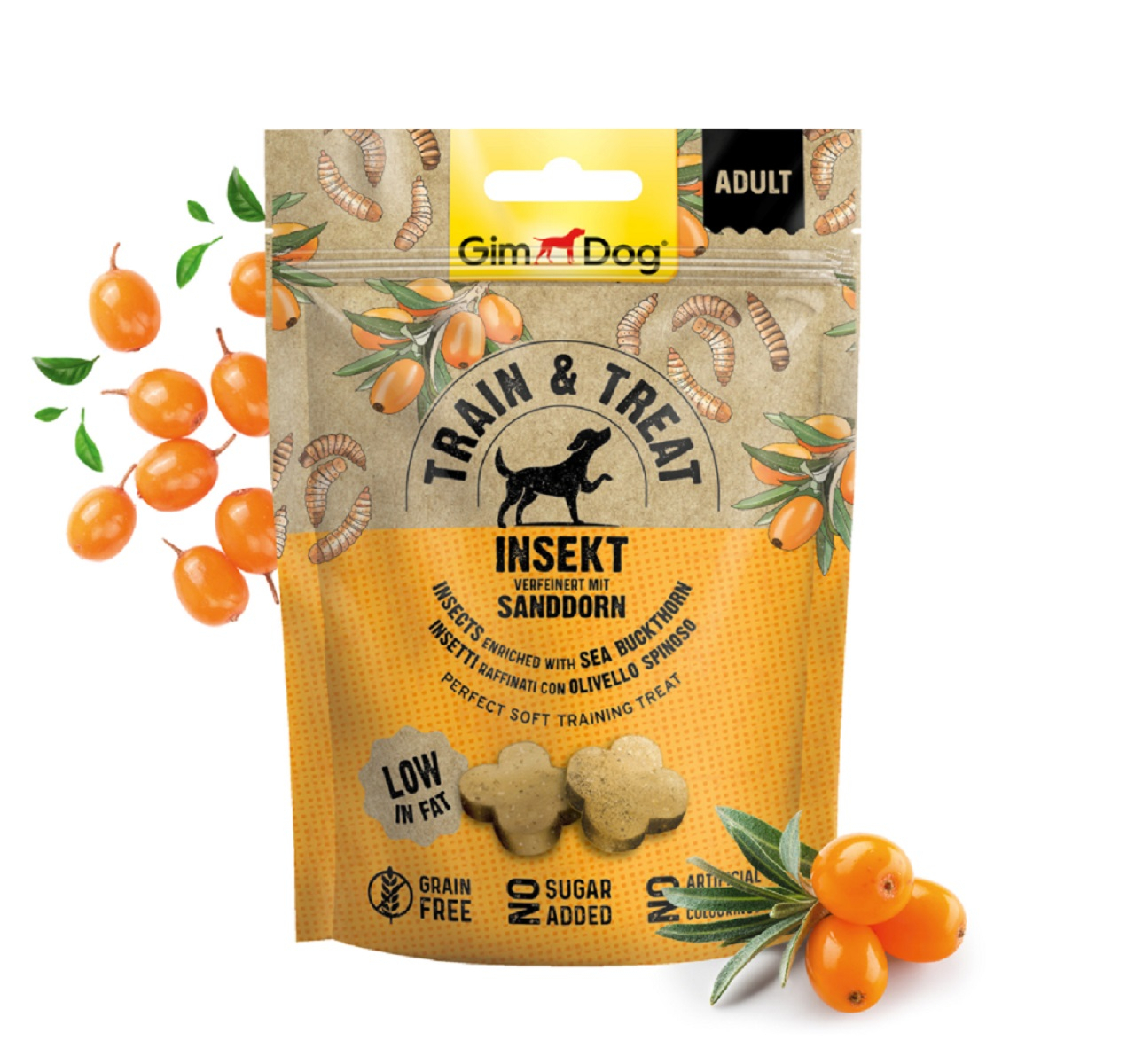 GIMDOG Train & Treat Snack agli insetti e olivello spinoso per cane