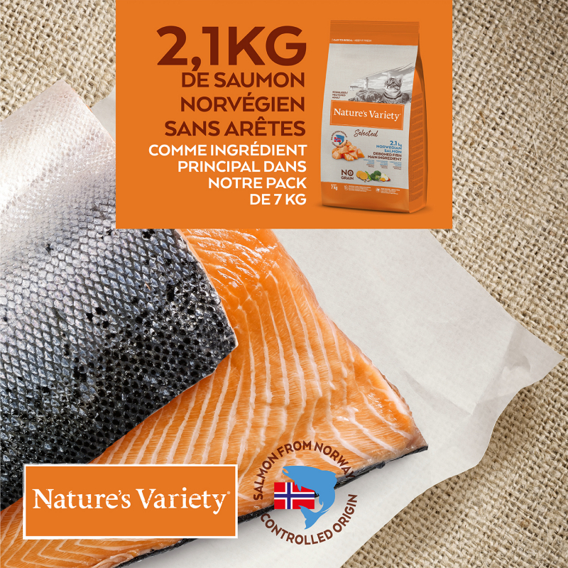 NATURE'S VARIETY Selected Chat Adulte Stérilisé au saumon de Norvège sans arêtes et sans céréales