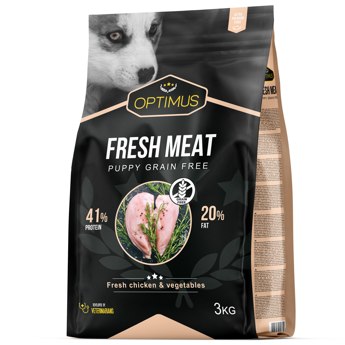 OPTIMUS Fresh Meat Puppy com frango fresco sem cereais para cachorro