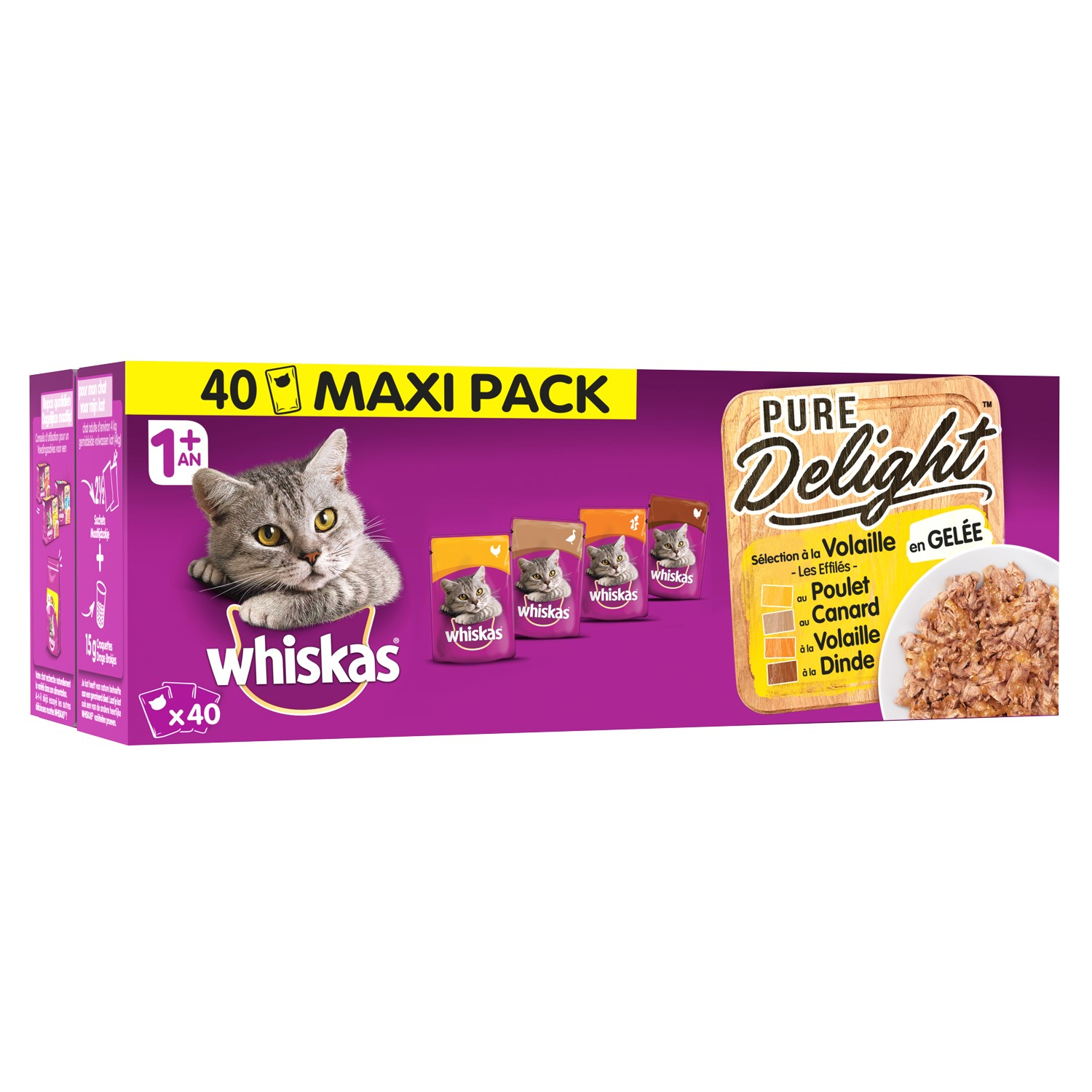 WHISKAS Méga-Pack Pâtée en gelée à la volaille pour chat adulte - 4 variétés