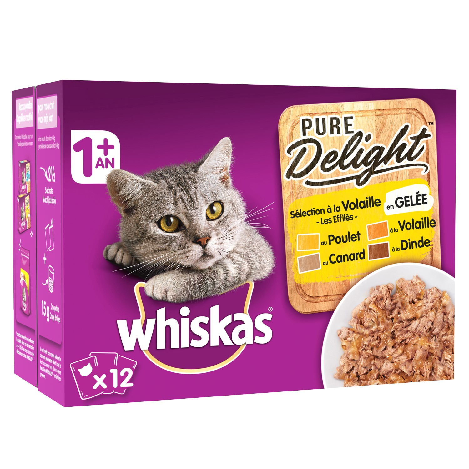 WHISKAS Pure Delight Comida húmeda en gelatina para gatos adultos Aves de Corral - 4 recetas