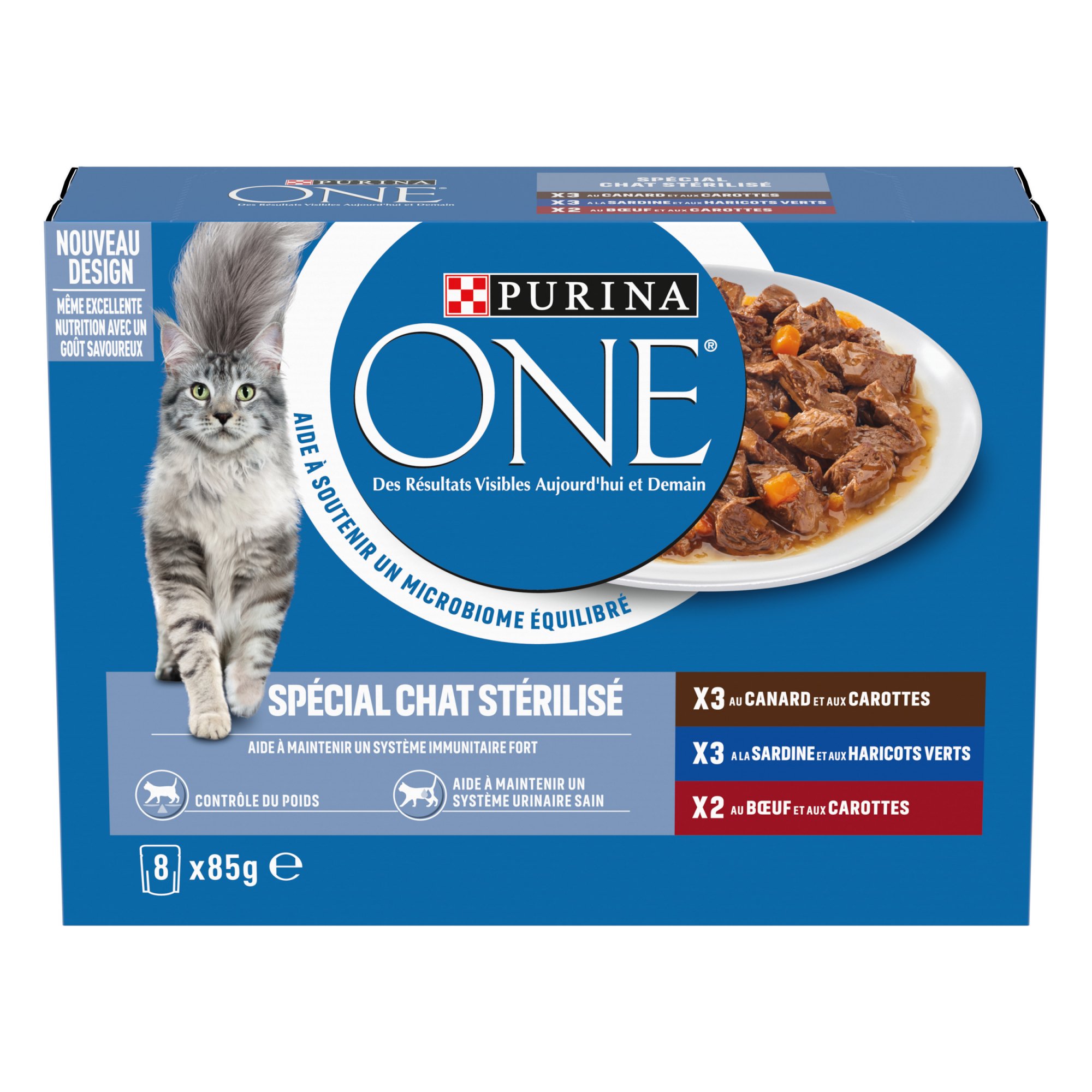 PURINA ONE Chat Stérilisé - Alimento húmido para gato esterilizado/castrado de pato, sardinha e carne de bovino