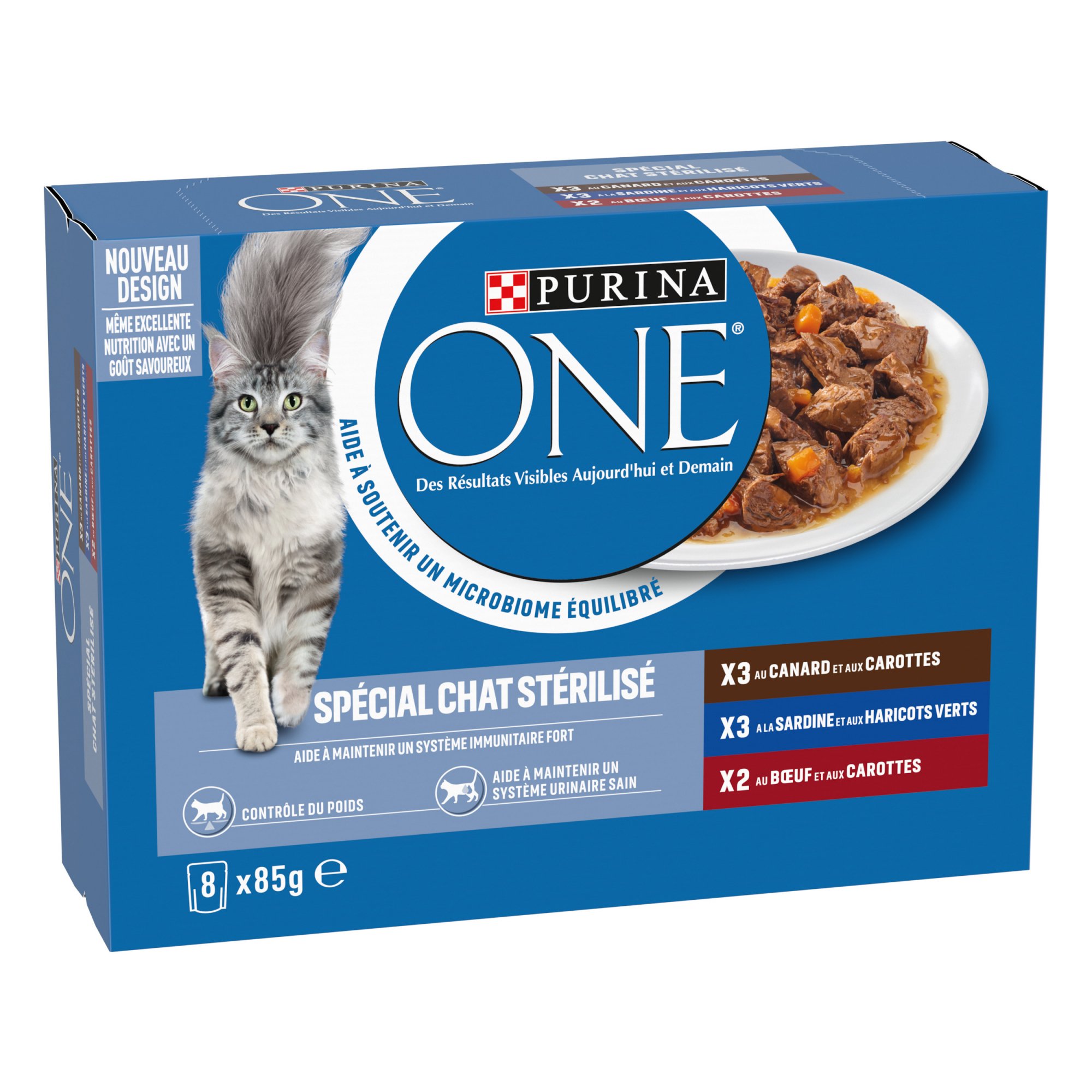 PURINA ONE Chat Stérilisé - Alimento húmido para gato esterilizado/castrado de pato, sardinha e carne de bovino