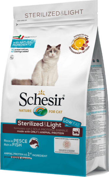 SCHESIR Sterilized Light de peixe para gato adulto esterilizado