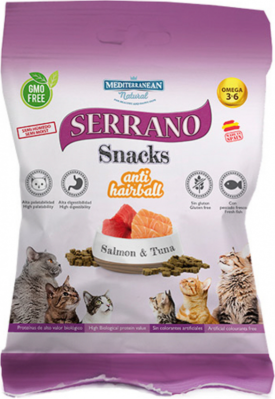 SERRANO Snacks para gatos anti hairball bocaditos de salmón y atun