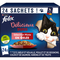 FELIX Tendres Effilés en Gelée Délicieux Duos Viandes pour chat adulte 24 sachets