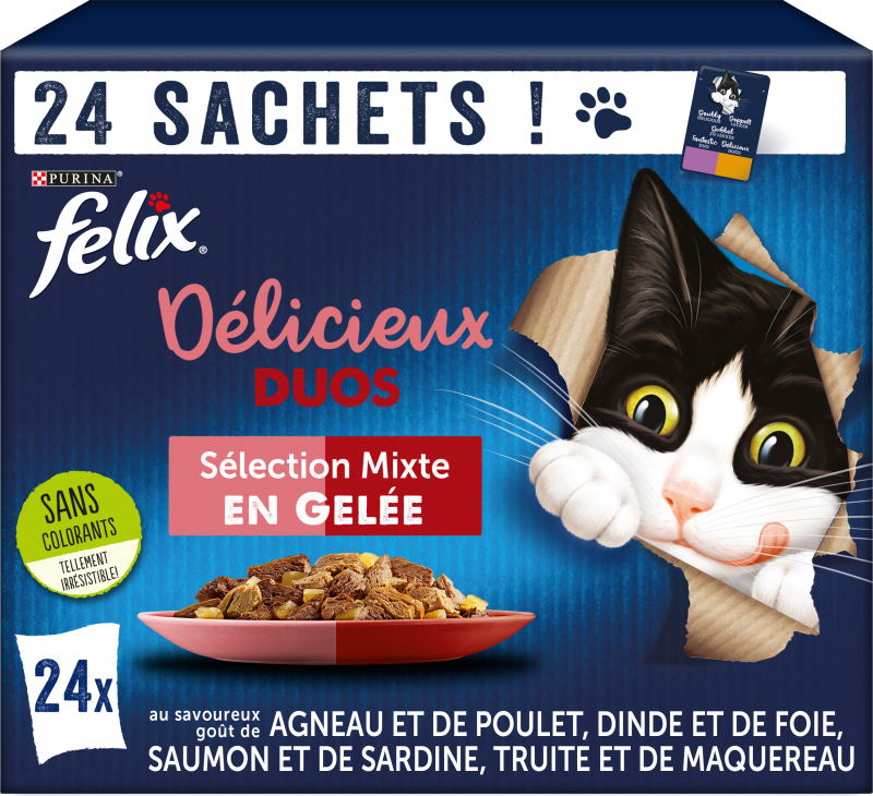 FELIX Tenros Pedaços em Geleia Délicieux Duos Carnes Peixes para gato adulto 24 saquetas