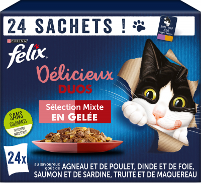 FELIX Tendres Effilés en Gelée Délicieux Duos Viandes Poissons pour chat adulte 24 sachets
