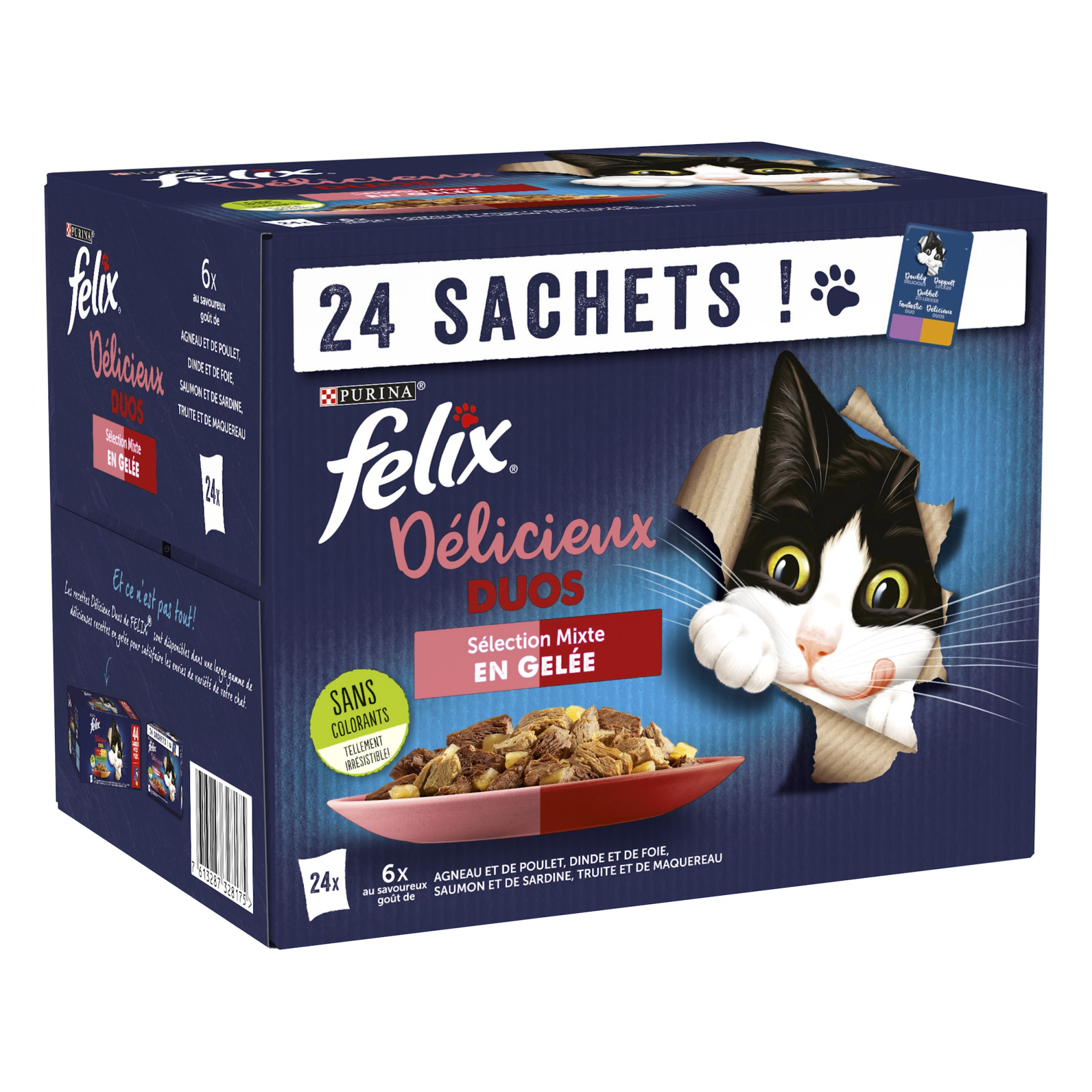 FELIX Tenros Pedaços em Geleia Délicieux Duos Carnes Peixes para gato adulto 24 saquetas