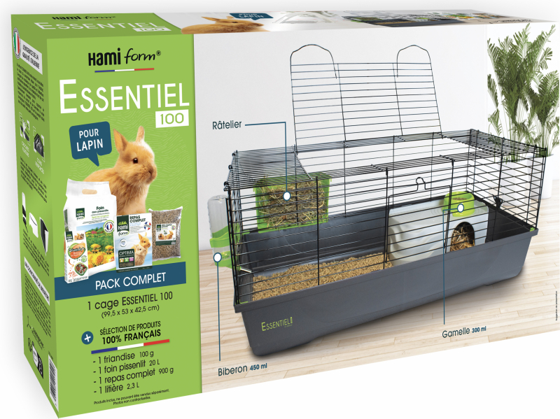 Hamiform Essentiel 100 Pack complet : cage, accessoires et nourriture - 100 cm - pour lapin