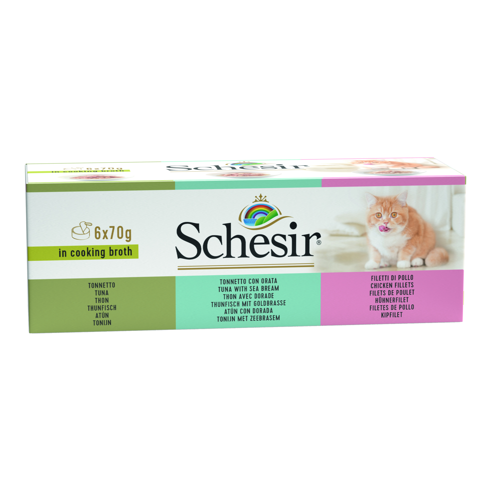 SCHESIR Multipack – Mischung aus 3 Rezepten – Mahlzeiten in Brühe für Katzen – 6 x 70 g
