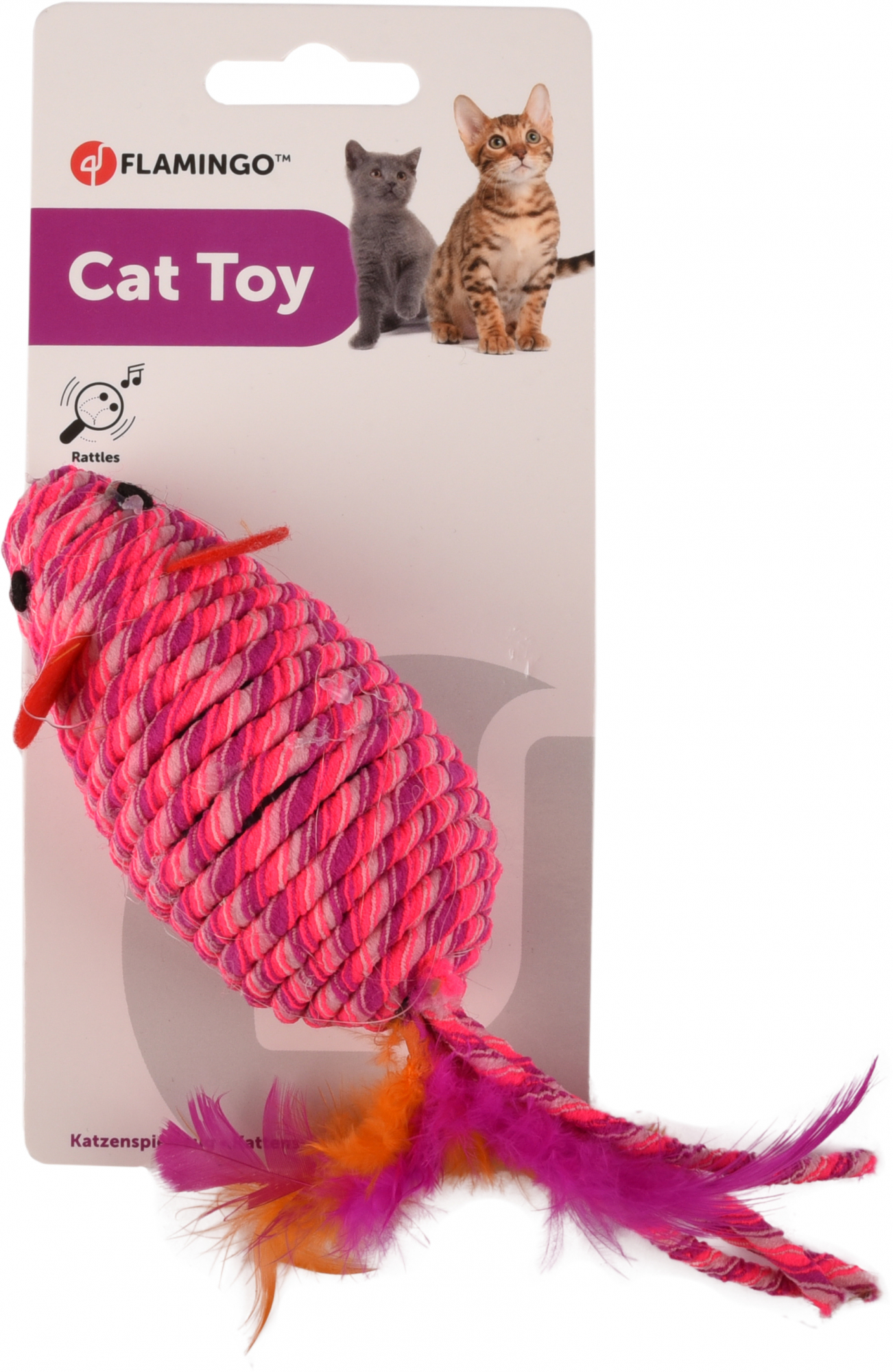 Rosafarbenes Katzenspielzeug Maus aus Sisal mit Federn und Glöckchen