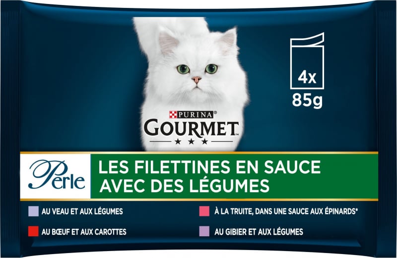 GOURMET PERLE Les Filettines mit Gemüse 4 Sorten für ausgewachsene Katzen 4x85g
