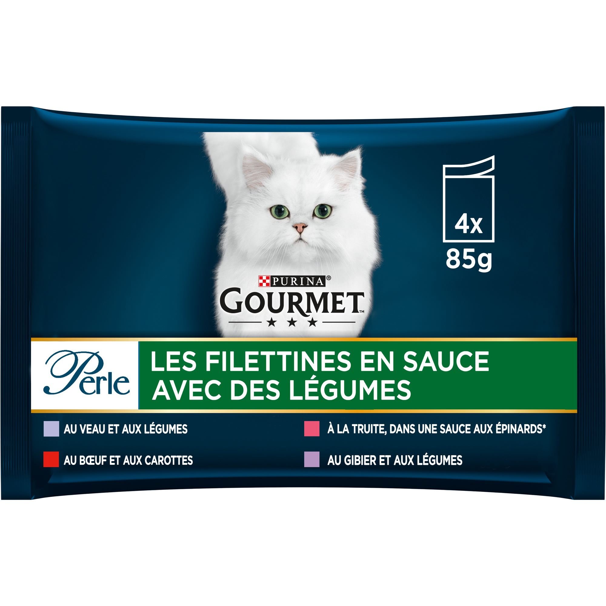 GOURMET PERLE Les Filettines mit Gemüse 4 Sorten für ausgewachsene Katzen 4x85g