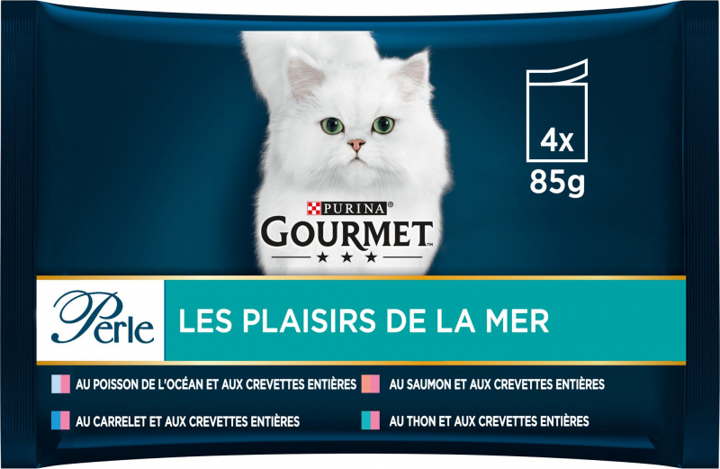 GOURMET PERLE Les Plaisirs de la Mer au Carrelet, au Thon, au Saumon pour chat adulte 4x85g 