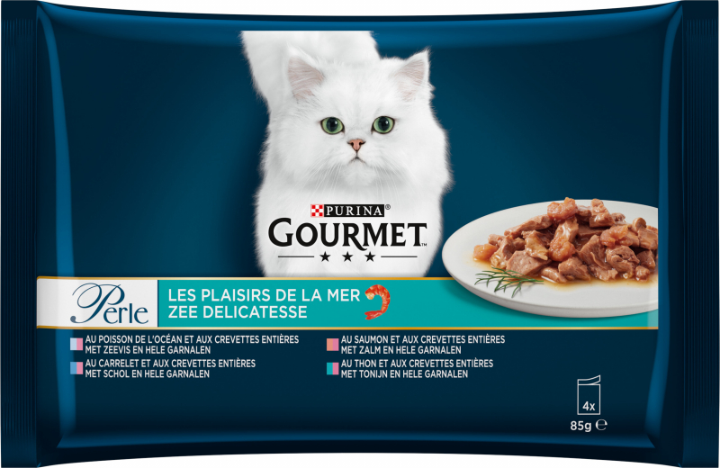 GOURMET PERLE Les Plaisirs de la Mer con Carrelet, Tonno, Salmone per gatti adulti 4x85g
