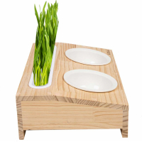 Gamelle double en céramique avec monture bois + support herbe à chat Zolia Cat'Slate