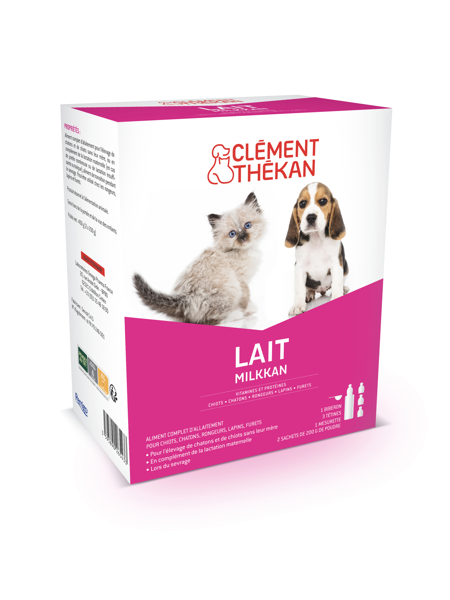 Clement Thekan Leche en polvo para cachorros y gatitos + biberón y tetinas 400g