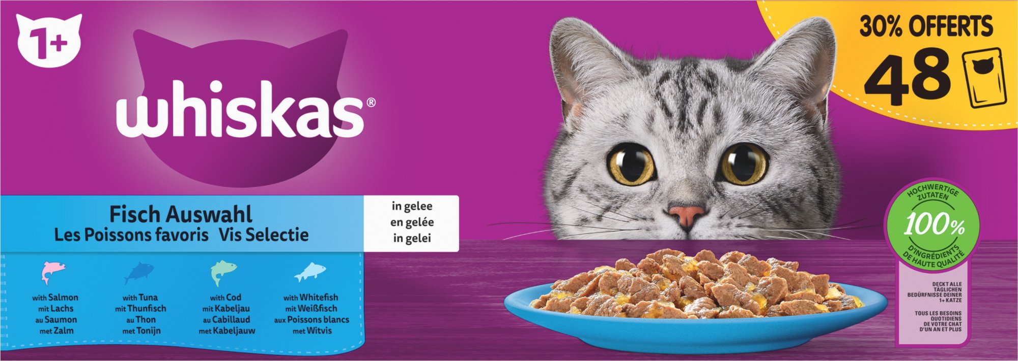 MEGA Packung mit 48 Pasteten, davon 30% GRATIS WHISKAS - Ausgewählte Fleischsorten in Sauce und Fisch in Gelee für Katzen