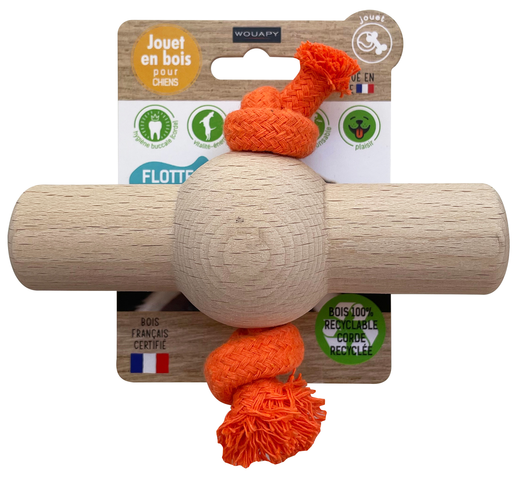 Giocattolo in legno e corda 100% riciclabile - 3 colori e taglie disponibili