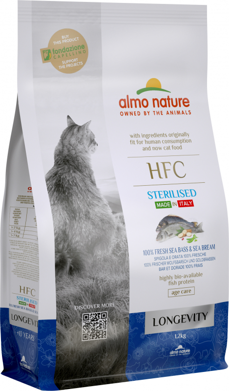 ALMO NATURE HFC Longevity Sterilised para gato Senior esterilizado com robalo & dourada