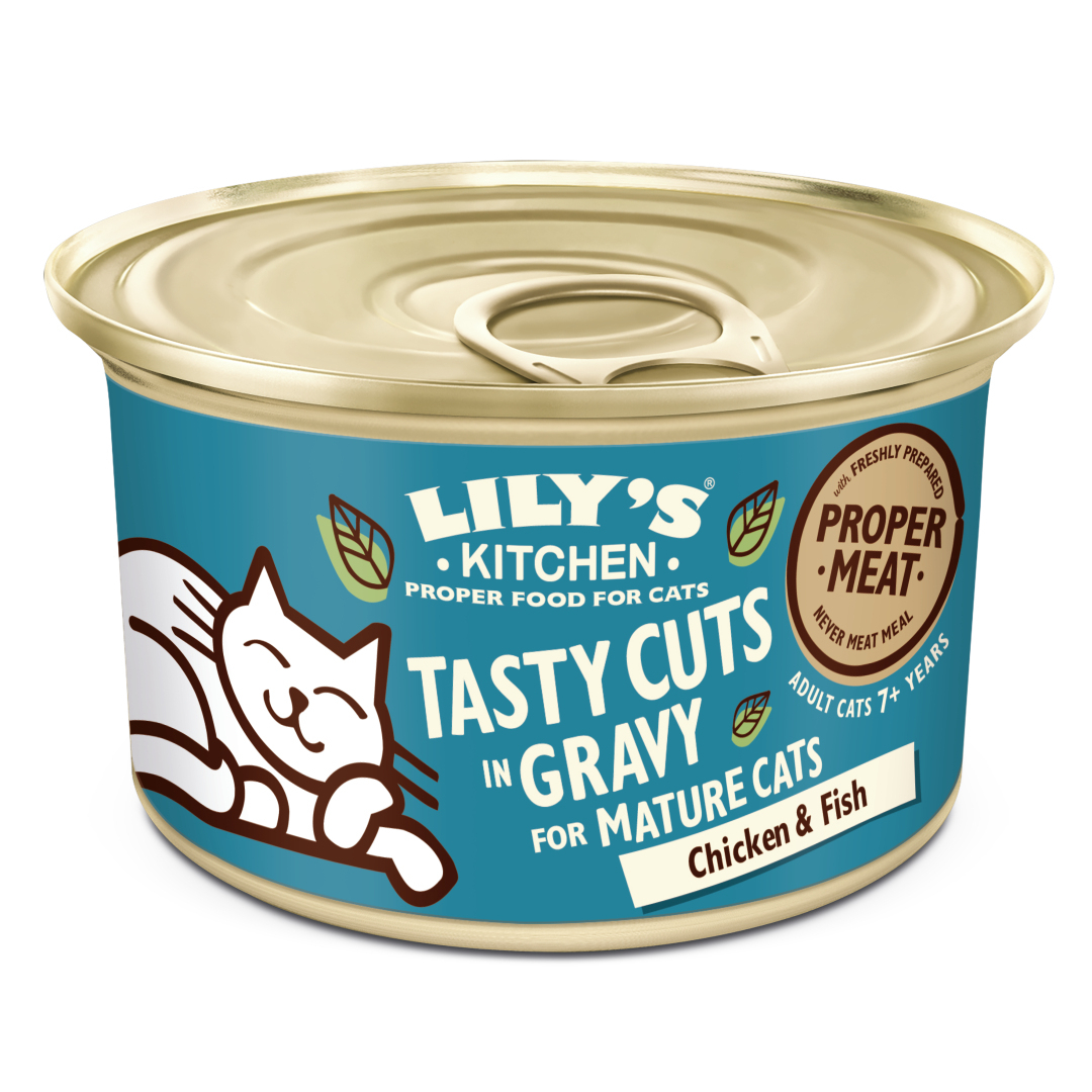 LILY'S KITCHEN Tasty Cuts Deliciosos bocaditos para gatos senior de pollo y atún en salsa