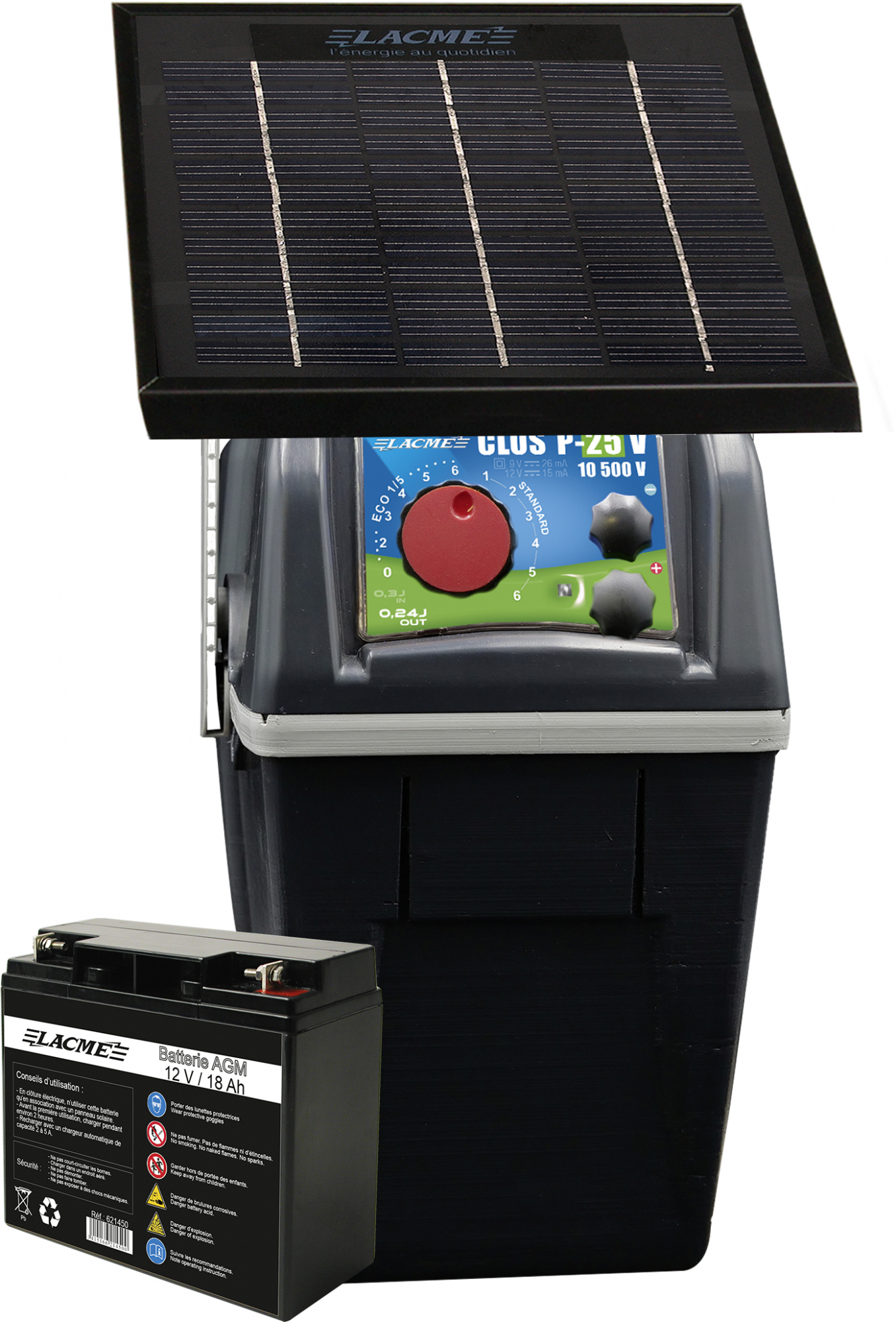 Électrificateur CLOS P25 avec panneau solaire et batterie, 12 volts 240 mj en sortie