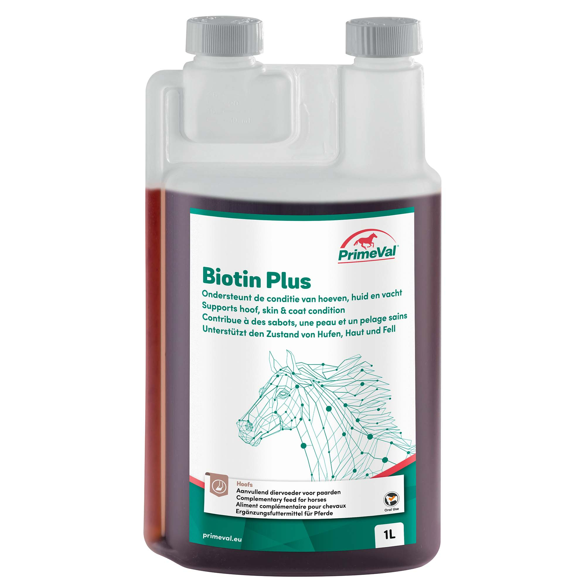 PrimeVal Biotin Plus è un integratore alimentare per gli zoccoli, la pelle e il mantello dei cavalli.