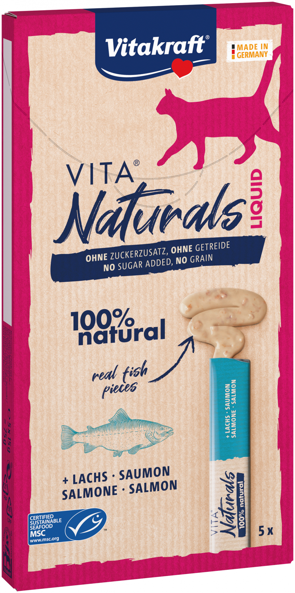 Vita Naturals Liquid - Snack cremoso de salmón o ternera para gatos - 5x15g