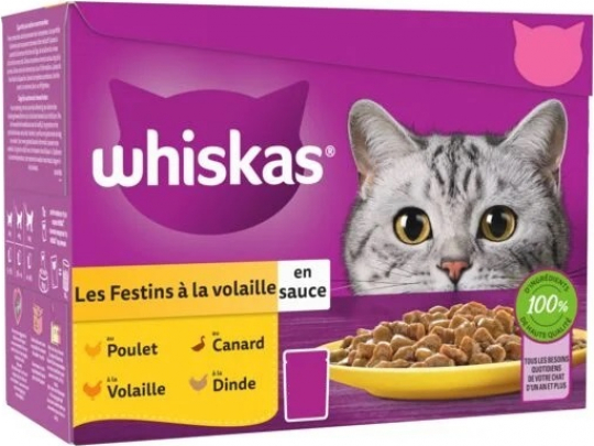 WHISKAS Frischebeutel Les Festins mit Geflügel in Soße für ausgewachsene Katzen, 4 Sorten
