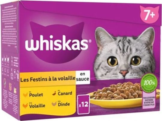WHISKAS Bustine di freschezza Les Festins à la Volaille in salsa per gatti anziani 4 varietà