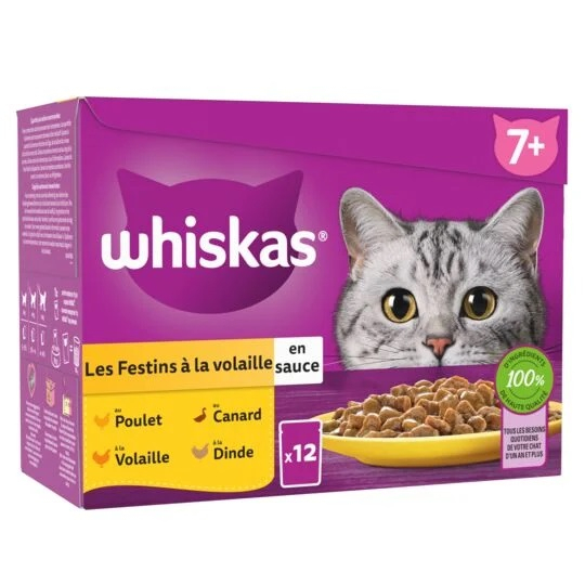 WHISKAS 7+ Selección aves de corral en salsa Comida húmeda para gatos mayores - 4 recetas
