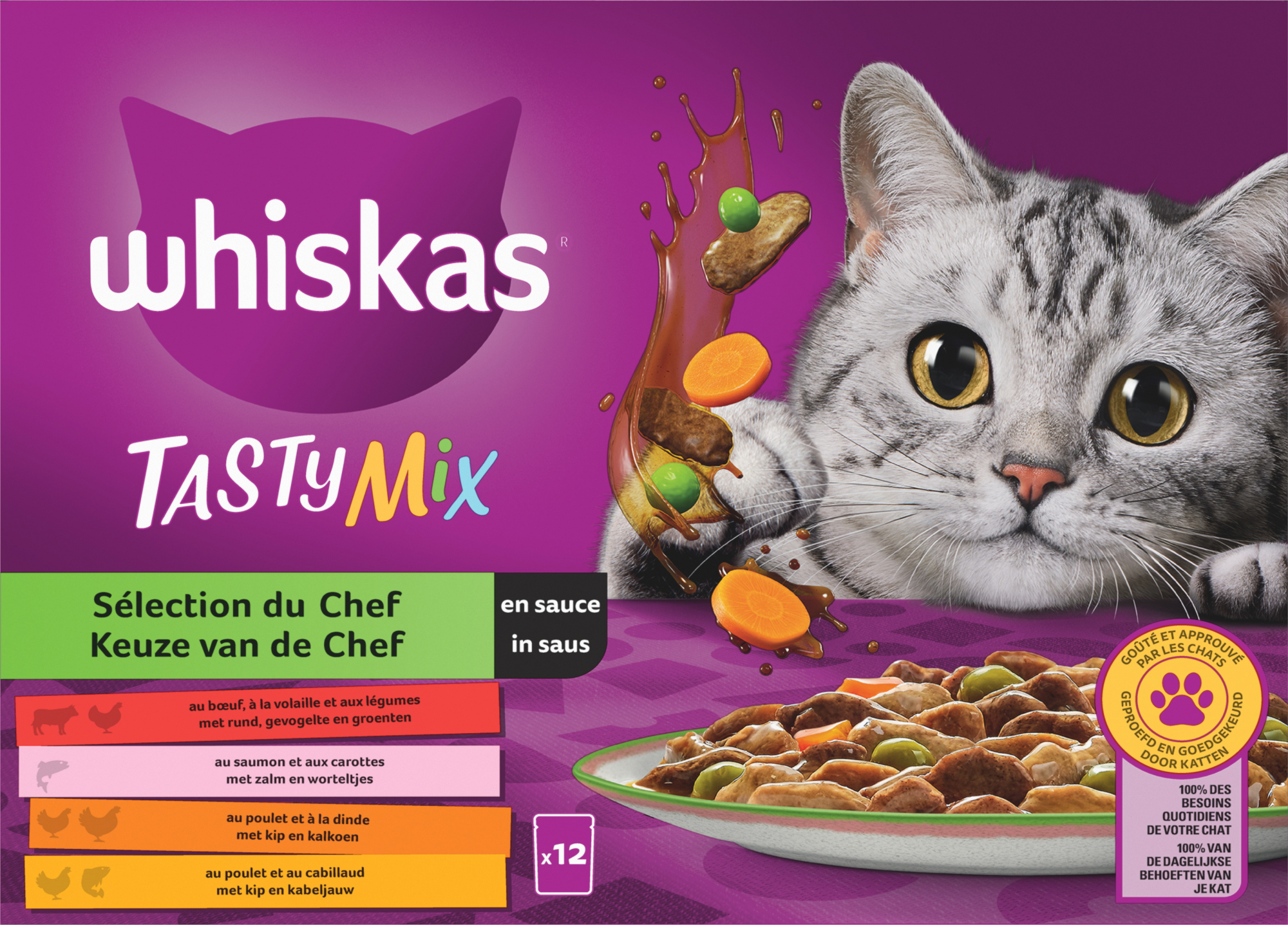 WHISKAS Tasty Mix Saquetas de frescura Sélection du Chef em molho para gato adulto 4 variedades