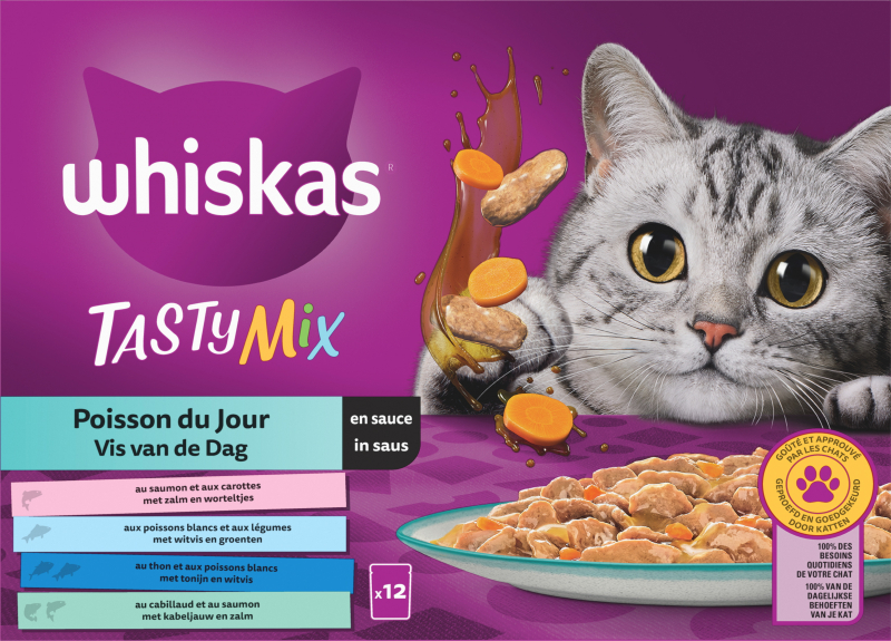 WHISKAS Tasty Mix Saquetas de frescura Peixe do Dia em molho para gato adulto 4 variedades