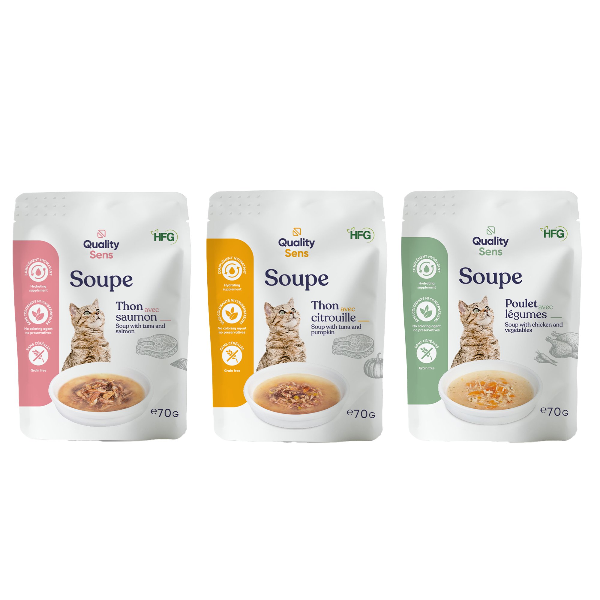 QUALITY SENS HFG - Soupes naturelles 70g pour chat - 3 recettes au choix