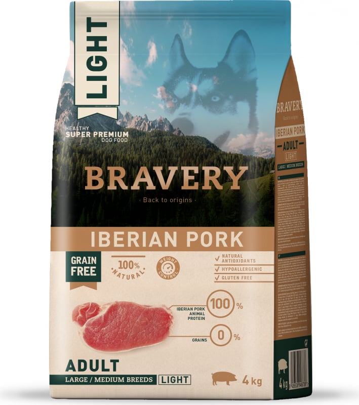 BRAVERY Adult Medium & Large Light Sans Céréales Iberian Pork pour Chien de moyenne et grande taille stérilisé