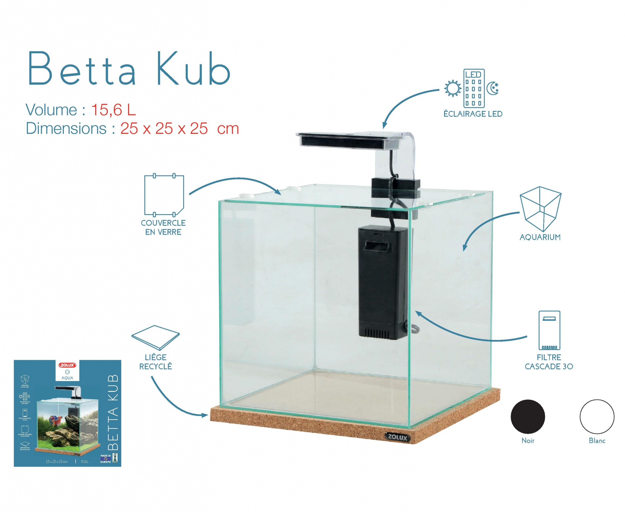 Kit aquarium Betta Kub - 15,6 L - noir ou blanc