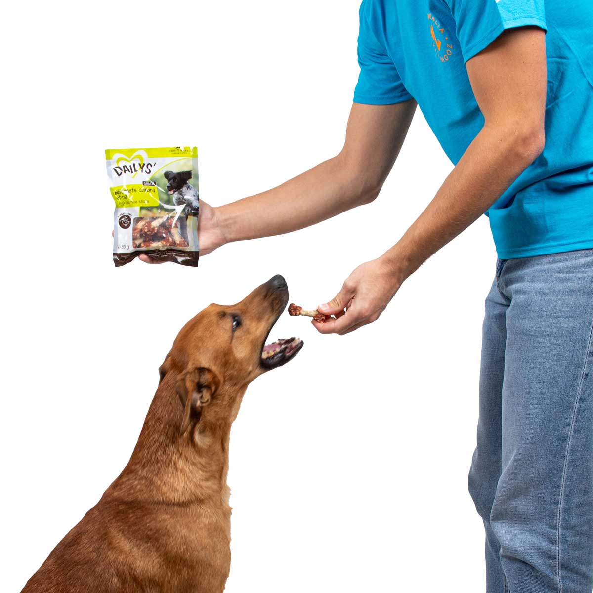Un perro prueba los snacks de pato y arroz Dailys 