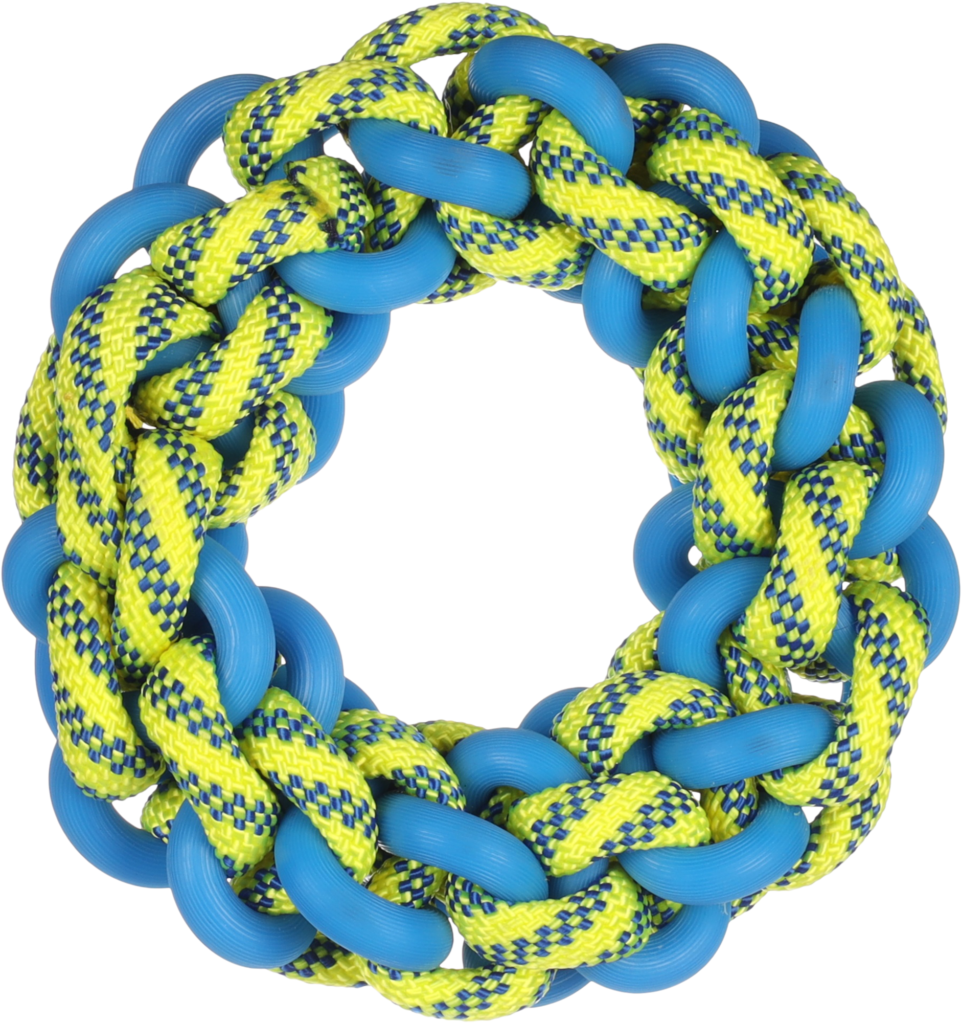 Juguete para perro Tofla anillo azul/amarillo de caucho y nylon resistente