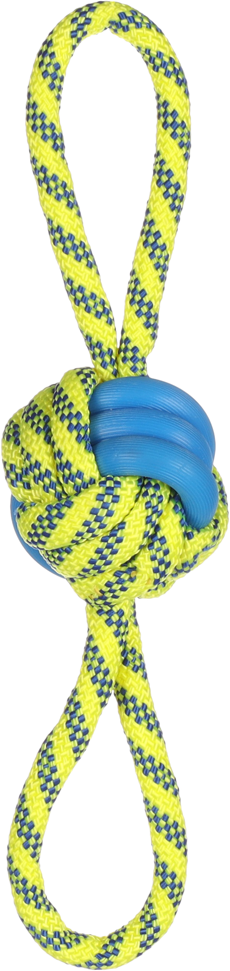Tofla Hundespielzeug blau/gelb geknoteter Ball aus Gummi und widerstandsfähigem Nylon