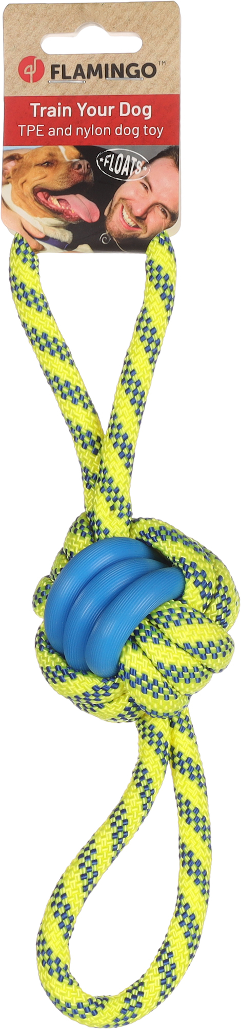 Jouet pour chien Tofla balle nouée bleu/jaune en caoutchouc et nylon résistant